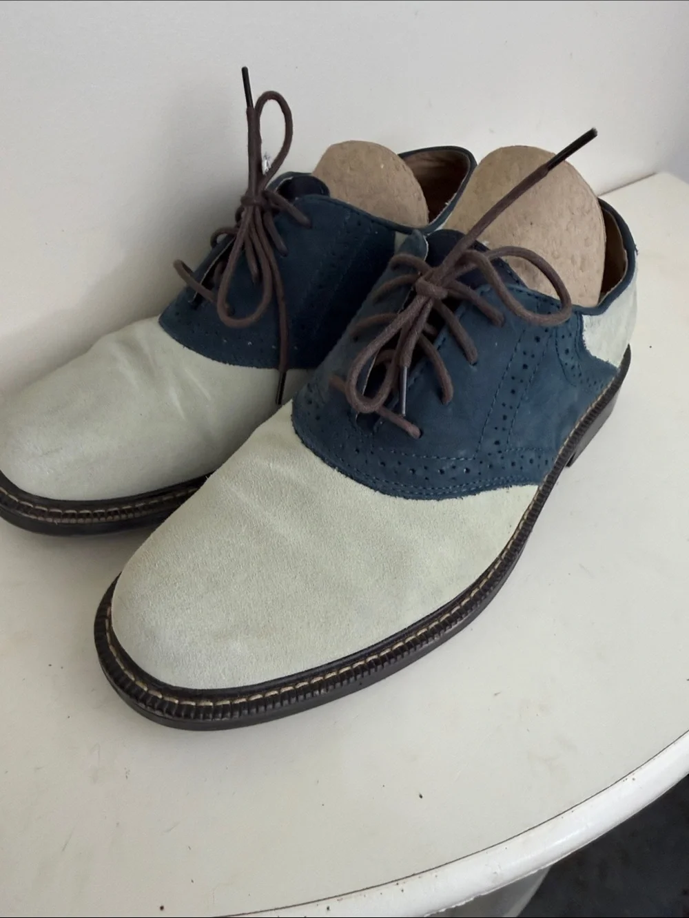 (2046) Men's Two-Tone Suede & Leather Oxford Shoes - Navy and Cream, Size: 8.5